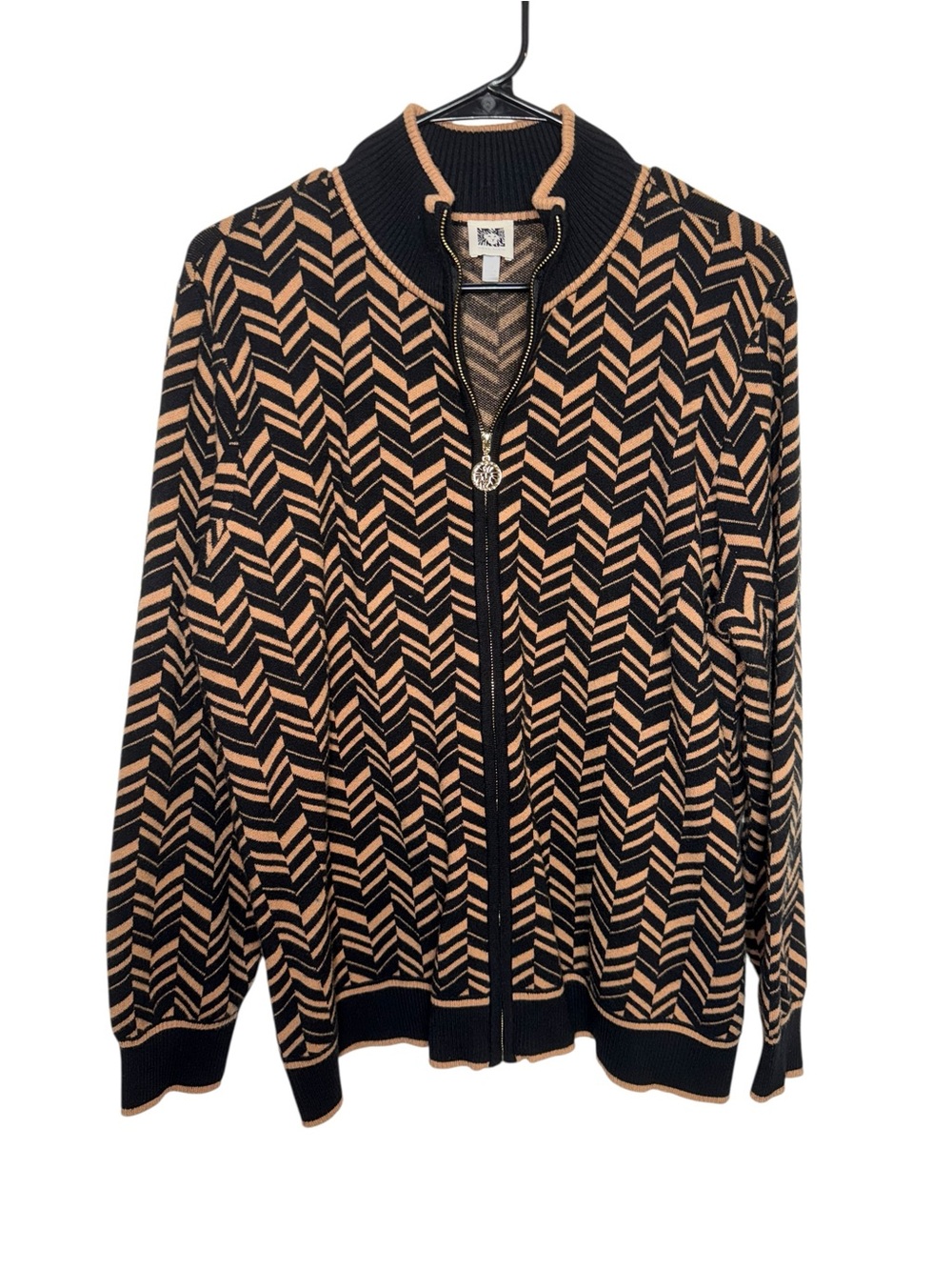 Anne Klein Black and Tan Chevron Zip-Up Sweater